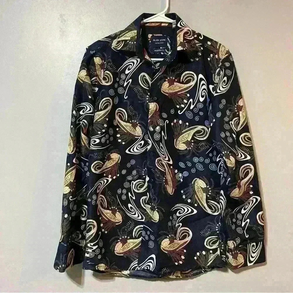 Silver Stone Collection Mens Modern Fit Button-Up Shirt  Long Sleeve Size Small